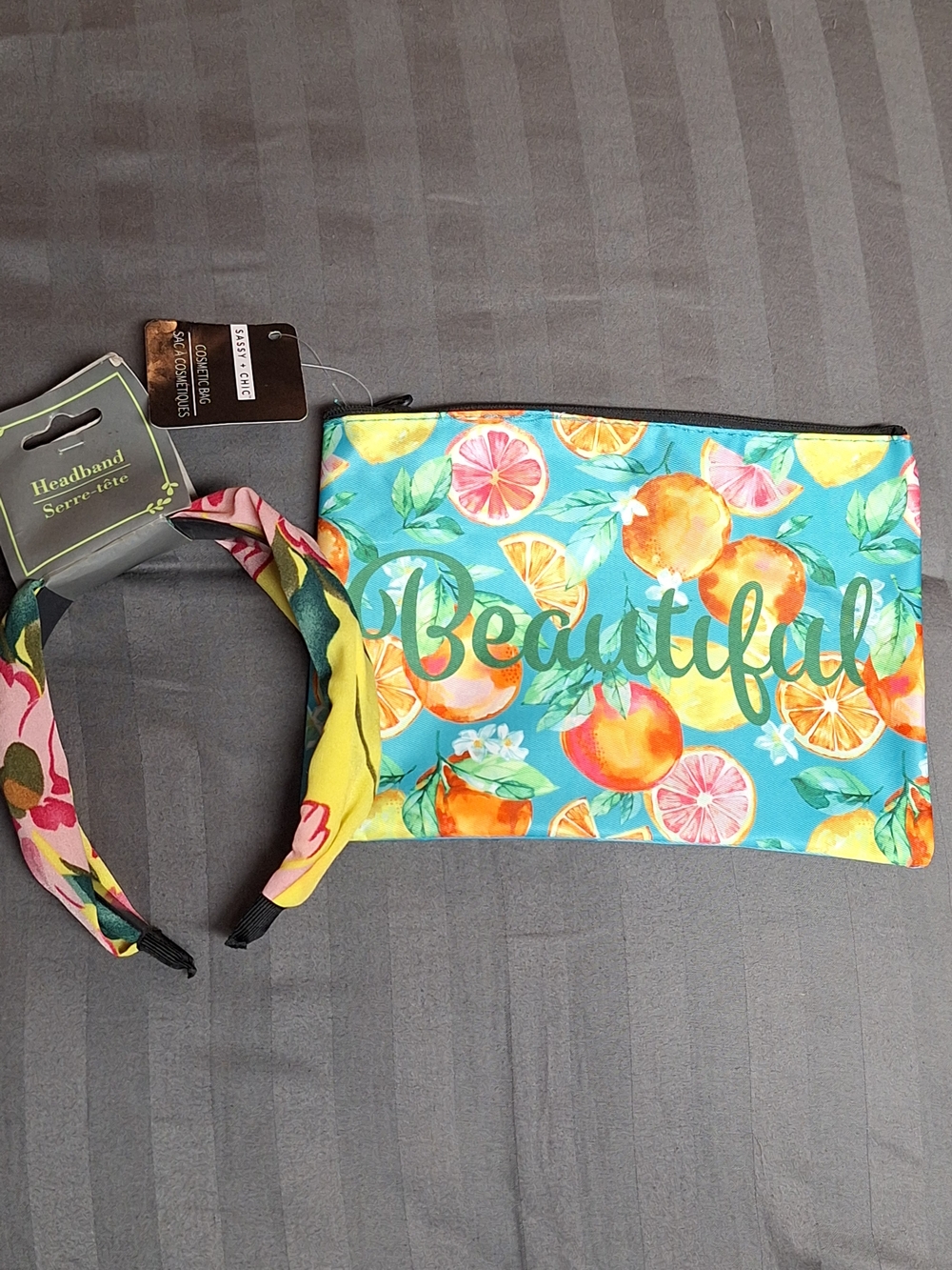 NWT Beautiful Fruit Print Cosmetic Pouch - Turquoise And Headband
